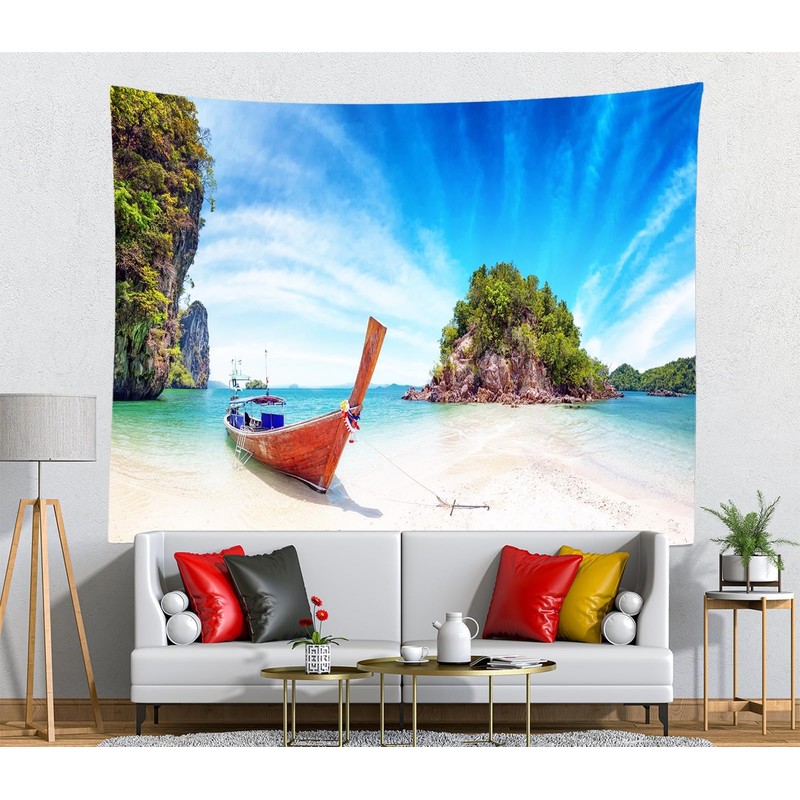 CORFOTO 7x5ft Fabric Thailand Paradise Beach Backdrop Traditional Longtail Boats