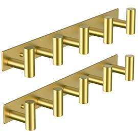 VAEHOLD Hat and Coat Wall Mount Rack - Hooks for Robes, Bags, Keys, and Towels - Bathroom Towel Hanger Organizer (Gold, “T“ Shape 5 Hooks 2 Pack)