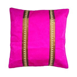 Rastogi Handicrafts Sofa Throw Pillow Zari Brocade Pretty Accent Home Bad Cushion Cover one Piece 16" (Pink)