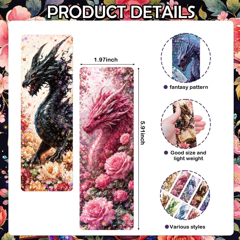 Zaamwoyy 48Pcs Floral Dragon Bookmarks, Fantasy Paper Bookmark Set with