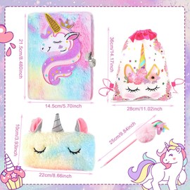 MUNSKT Plush Unicorn Stationary Sets Gifts for Girls, Embroidery Secret Diary with Lock Keys, Soft Pencil Case, Fluffy Pen, Drawstring Bag, Ideal for Birthday Christmas Festival School Travel