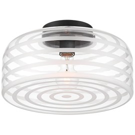 Possini Euro Design Cooper 12 3/4" Mid Century Modern Semi Flush-Mount Ceiling Light Fixture Kitchen Foyer Hallway Drum Round Black Finish Ribbed Glass Bedroom Bathroom Entryway Living Room Indoor