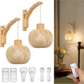 NookNova Set of 2 Wall Sconces Boho Woven Rattan Wall Hanging Lamps Battery Operated