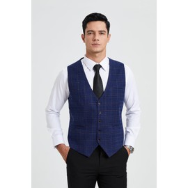 HISDERN Men's Formal Waistcoat Wedding Waistcoats Plaid Classic Check Gents Party Business Dress Suit Vest Blue M