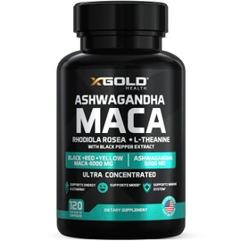Ashwagandha 5,000mg + Maca Root Black, Red, Yellow 4,000mg, Rhodiola & L-Theanine: 30:1 Extract Ashwagandha Capsules, 20:1 Extract Maca Root Capsules - Supplement for Men and Women