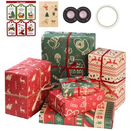 Bigqin Christmas Wrapping Paper, 6 Sheets, 50 x 70 cm, Green Red Kraft Wrapping Paper, Christmas Wrapping Paper with Ribbon, Sticker, Double-Sided Tape