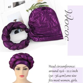 Woeoe African Turban Head Wraps Purple Braid Beanie Cap Headwear Crystals Twisted Head Turbans for Women and Girls (Purple)