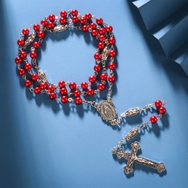 Catholic Red Beads Rosary Necklace With Virgin Mary, Jesus Crucifix, Miraculous Medal - Prayer Gifts for Women (Red)