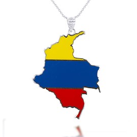 Claddagh Gold Fine Sterling Silver Map of Colombia Flag Enamel Pendant Necklace, 16"