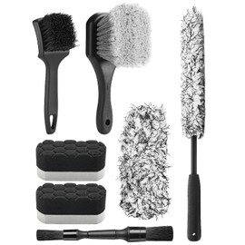 Fantasticlean 7PCS Car Wheel Cleaning Pro Kit, Tire Brush, Soft-bristled Rim Brush, Microfiber Flat Wheel Brush, Double-Ended Detailing Brush, Detailing Pads, Scratch-Free & Multipurpose
