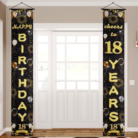 ANOMM 18th Happy Birthday Door Banner, Black Gold 18th Birthday Door Decorations for Boys Girls, Reusable Birthday Party Decorations Door Porch Sign Banner for Indoor Outdoor Wall Decor, 180 * 30cm
