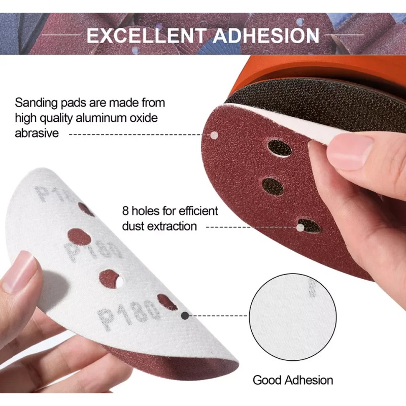 100Pcs 5'' 8-Hole Hook Loop Orbital Sander Paper 40-240 Grit