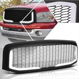 Honeycomb Mesh Front Bumper Grille Grill w/LED Light Compatible with 06-09 Dodge Ram 1500-3500,Matte Black
