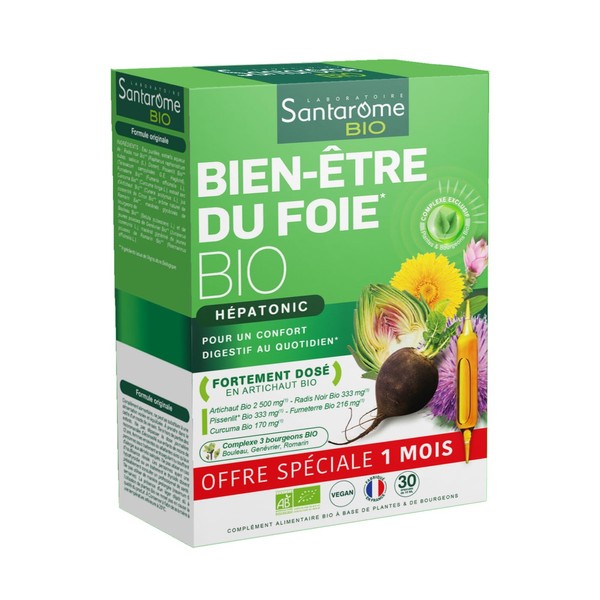 Santarome Bio - Bien-être du Liver Bio | Food Supplement Liver and Digestion | Draining & Antioxidant - Organic Plants - Artichoke, Black Radish, Dandelion - Hepatonic | 30 Vials | Made in France