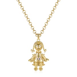 THE BLING KING New Gold-Plated Rag Doll Pendant with Multi-Coloured Stones, 22-Inch 5mm Belcher Chain – Unique, Durable Jewellery for Women