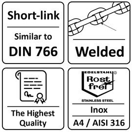 NAJDER Edelstahlkette 5m, Edelstahl Ketten, Sicherungskette, Kette Hängesessel, Absperrketten, Max 200kg, 2mm x 5m, DIN 766, Dicke 2mm, Edelstahl A4, Inox, AISI 316, Premium Qualität