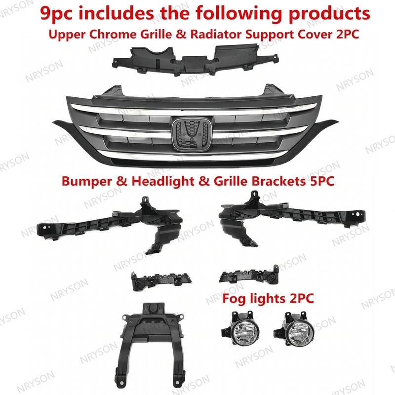 NAYSON 9PC For Honda CR-V 2012-2014 Front Chrome Grille Fog