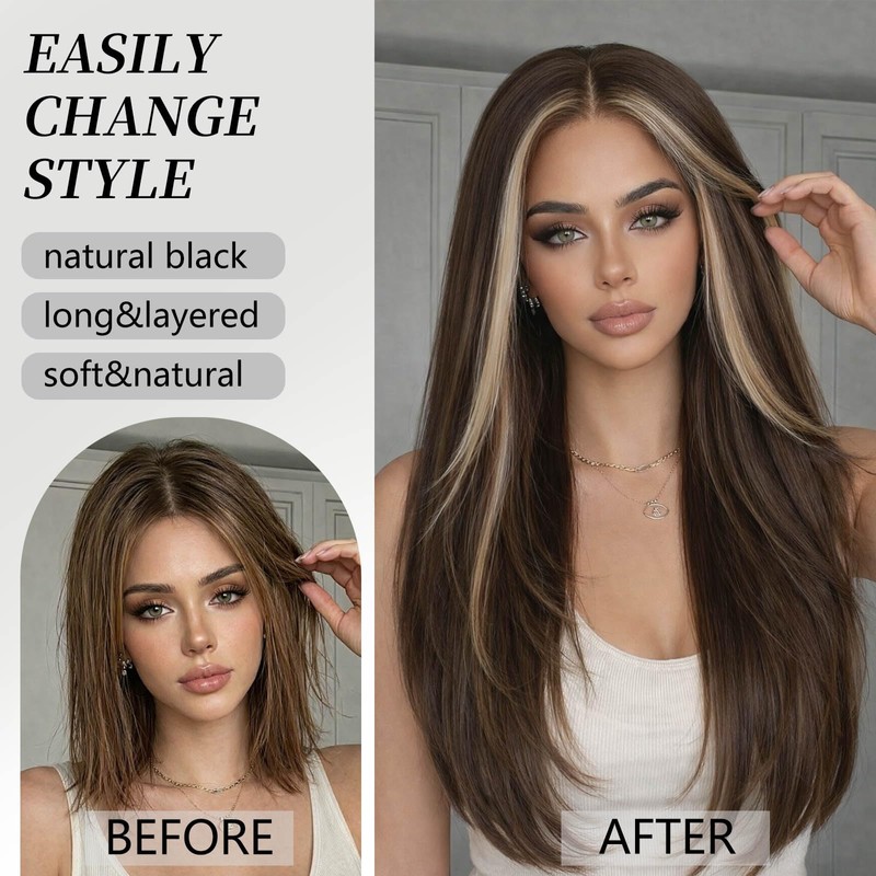 13x6 Lace Front Brown Highlight Wig for Women,Layered Wig 26Inch