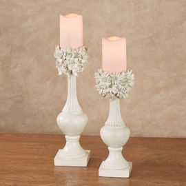 Elegant Daisies and Daffodils Floral Urn Shaped Candleholders Ivory with Taupe Set Set of 2