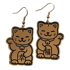 Golden Waving Lucky Cat Maneki Neko Dangle Earrings, Janpanese Manekineko Fortune Cat Waving Arm for Money and Good Luck Gold Statement Jewelry