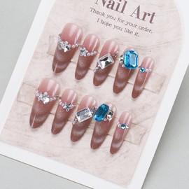 Hkanlre Almond Long Blue Fake Nails Tips Rhinestones French Bow Press on Nails Full Cover False Gradient Nails for Women 24PCS