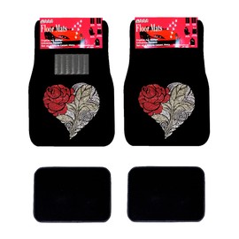 ALLBrand Universal Fit Front/Rear 4-Piece Full Set Crystal Bling Rhinestone Design Studded Carpet Car SUV Truck Floor Mats (Rose Heart-Black), (KAM-MAT-BLACK)