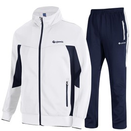 TBMPOY Men's Tracksuits Sweatsuits for Men Set Track Suits 2 Piece Casual Athletic Jogging Warm Up Full Zip Sweat Suits White/Dark Blue XXL