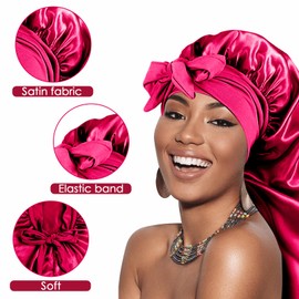 Adorila Extra Long Satin Bonnet for Women, Adjustable Braid Bonnet with Tie Band, Double Layer Elastic Silk Bonnet for Braids Hair Sleeping Cap (Rose Red)