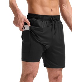 BALEAF Swim Shorts Men Rash Guard Swimming Trunks with Zip Pockets 5'' Quick Dry UPF 50+ Black XL