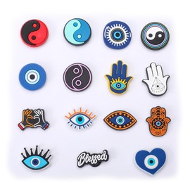 15, 30, Mixed, Girl Or Boy Superhero Famous Cute Cool Funny Random Colourful Shoe Charms Decorations For Croc Clog Shoes, Bracelet And Wristband For Women & Men No Duplicates (15 Evil Eye)