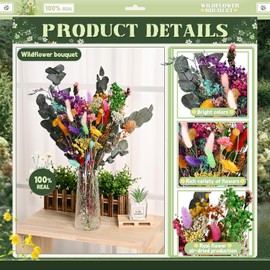 VAIPI Wildflower Spring Flower Bouquet 100% Natural Dired Flower Colorful Babys Breath Daisy Dry Floral Arrangement for Vase, Home, Office Decor, Wedding Table Centerpiece, Farmhouse Rustic Decor