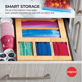 Copco Set of Zip Lock Bag Organizers for Gallon, Quart, Sandwich and Snack Size featuring Wide Opening for Easy Bag Dispensing, Set Can be Broken Apart for Space Saving, Bamboo In Drawer, Set Of 5