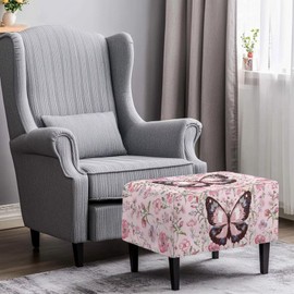 YUVAMAGIMO Ottoman Cover Rectangle Butterfly Washable Removable Small Ottoman Slipcover 33X30X15 Inch Form Fit Elastic Protector Covers for Foot Stool Folding Storage Furniture