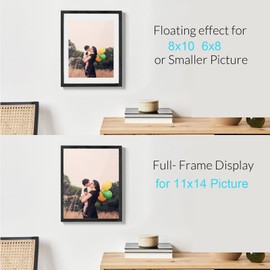 DLQuarts 11x14 Floating Photo Picture Frame, Floating Display for Photos 8x10,7x9, 5x7, or Full Display for 11x14 Photos, Solid Wood, Double Glass, 2 Pack, Black