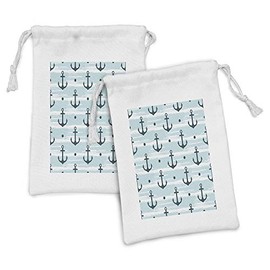 Ambesonne Anchor Fabric Pouch Set of 2, Pattern with Anchors Modern Adventurous Striped Coastline Marine, Small Drawstring Bag for Toiletries Masks and Favors, 9" x 6", Pale Blue Dark Green