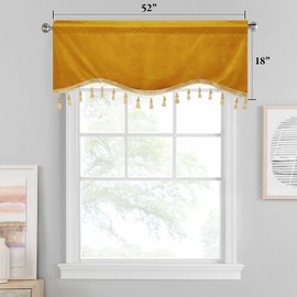 StangH Luxury Tassel Velvet Curtain Valances - Warm Gold Rod Pocket Scalloped Tier Curtains Room Darkening Thermal Insulated Window Drapes for Cafe/Holiday Decor, W52 x L18, 2 Panels