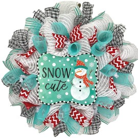 Snow Cute Snowman Winter or Christmas Handmade Deco Mesh Wreath Available in 24 inch and 28 inch diameters