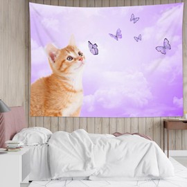 LB Funny Cat Butterfly Wall Tapestry Cute Cat with Butterfly on Fantasy Cloud Purple Sky Tapestry Animal Wall Decor for Bedroom Living Room Dorm 60Wx40L