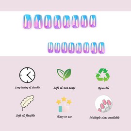 Ombre Blue Purple Press on Nails Square Short Medium Fake Nails Fantasy False Nails with Simple Designs for Women Artificial Full Cover Stick on Nails Handmade Glue on Nails for Wedding 24pcs