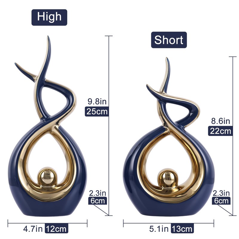 PlivBloom Gold Blue Abstract Ceramic Modern Sculpture, Knick Knacks Statues