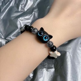 Inilbran Boho Cartoon Cat Hand Bracelet Blue Eye Animal Chain Harness Vintage Glass Beads Adjustable Cute Star Slave Obsidian Jewelry for Women