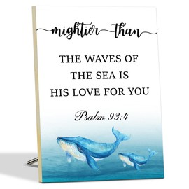 Religious Gifts Mightier Than the Waves Psalm 93:4 Bible Quotes Wall Decor, Wooden Signs For Home Decor, Christian Gifts Wooden Plaque For Living Room Desk Sign With Stand for Prayer Friends -04