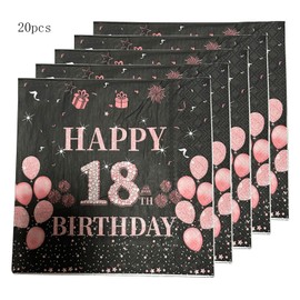 Happy 18th Birthday Plates and Napkins Party Supplies, 16pcs Plates and 20pcs Napkins 18th Birthday Party Tableware Decorations for Women Black and Rose Gold