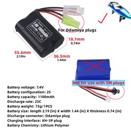 MOONZON 2PCS 7.4V 1100mAh Lithium Battery for H102 TX121 High Speed RC Boat Outdoor Water Electric RC Toy Rowing