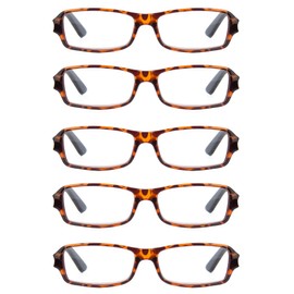 EYE ZOOM 5 Pack Unisex Rectangluar Plastic Classic Reading glasses for Men and Women, Tortoise Brown +2.50