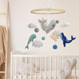 Baby Crib Mobile Felt Animals Baby Mobile for Crib Whale Ocean Theme Crib Mobile Nursery Hanging Decor Baby Mobile for Boys & Girls (A)
