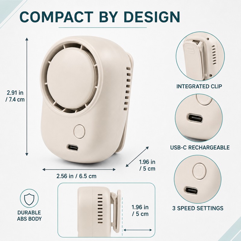 Portable Mini Bladeless Clip-On Fan, 3-Speed USB-C Rechargeable Wearable Shirt