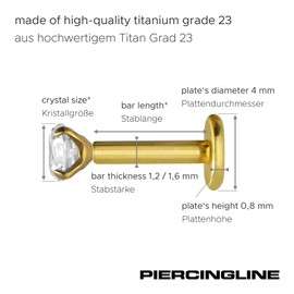 Piercingline Titanium Labret Plug with Internal Thread, Set Crystal, Piercing for Lip, Nose and Ear, Choice of Colours and Sizes, 1.2 mm bar thickness: 5 mm bar length.