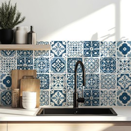 MEIHEA 30 Pack Blue and White Peel and Stick Backsplash, 4x4 Inch Mediterranean Tile Stickers, Waterproof Vinyl Wall Decals for Kitchen & Bathroom
