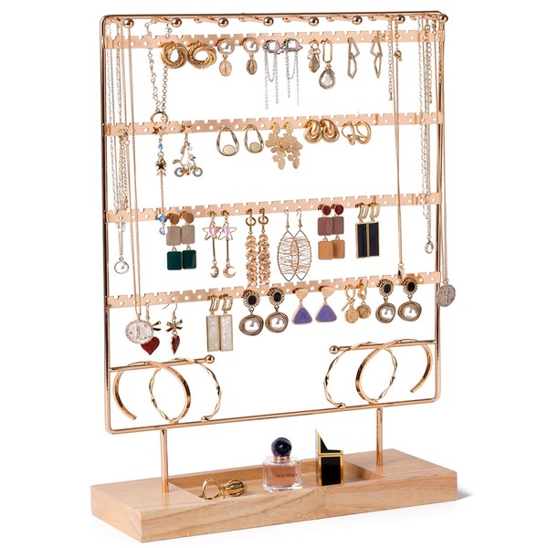 Lolalet Earring Holder Organizer Earring Stand, 6-Tier Jewelry Holder Organizer with Wooden Tray, Double Sides Necklace Display Tower Storage Rack for Women Girls, 208 Earring Holders & Grooves -Gold